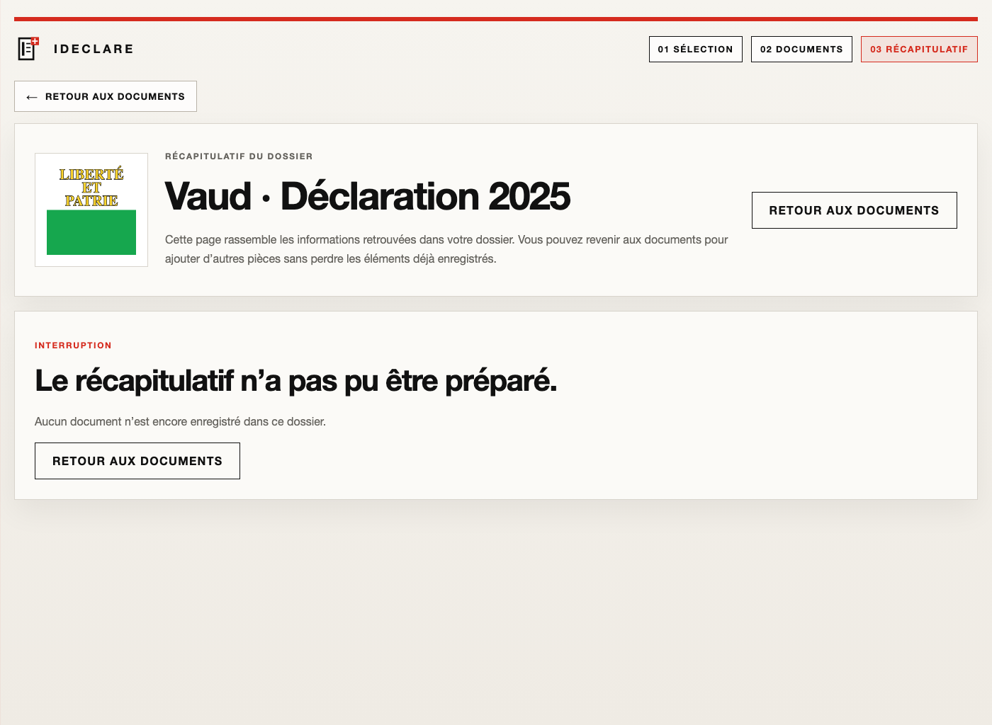 Écran de récapitulatif du dossier dans IDECLARE